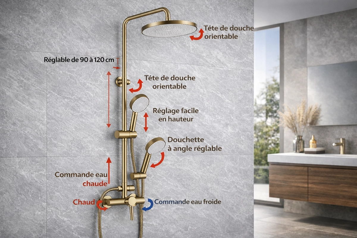 Colonne de douche mitigeur doré brossé Nacho